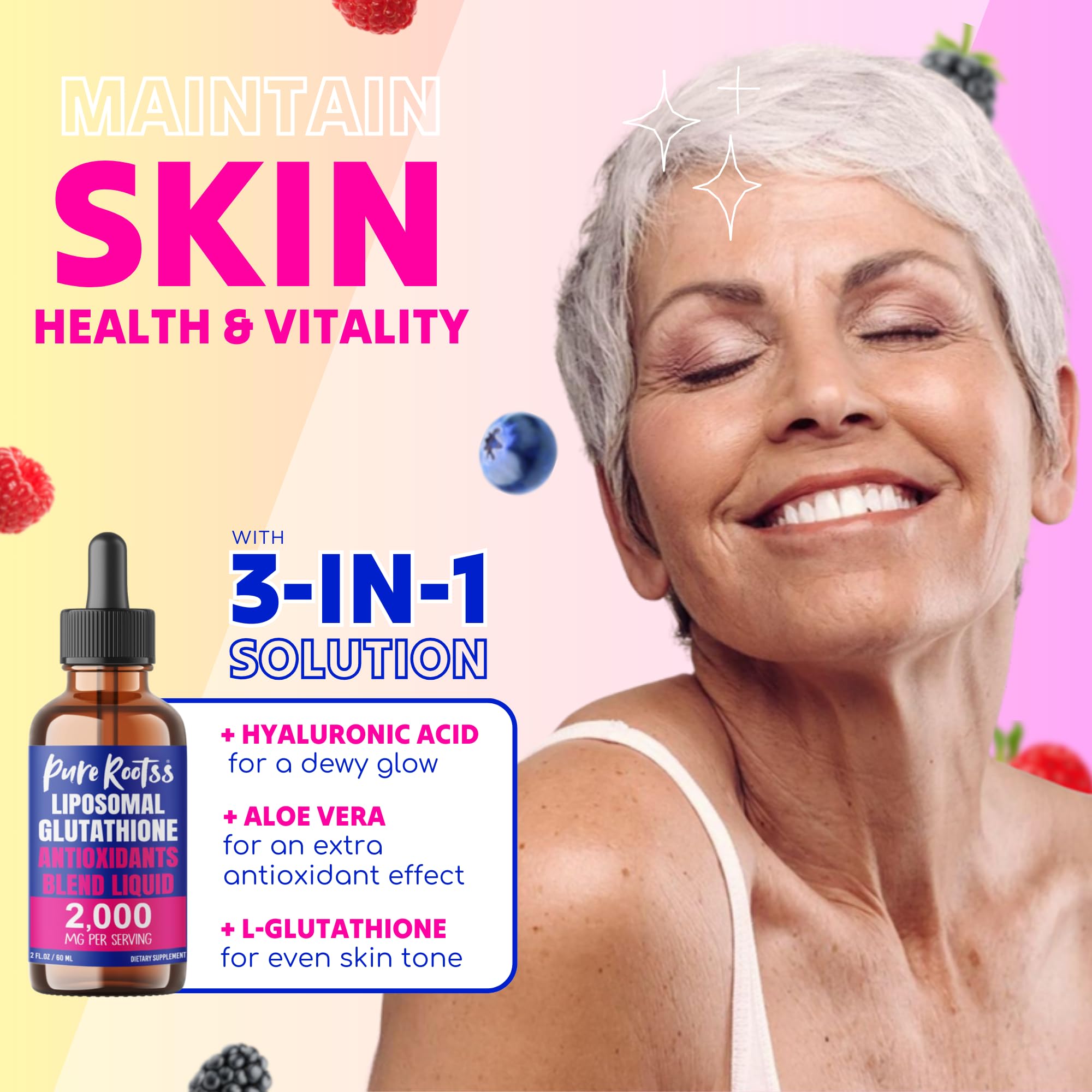 PureRootss Liposomal Glutathione label close-up highlights vitamin C and absorption