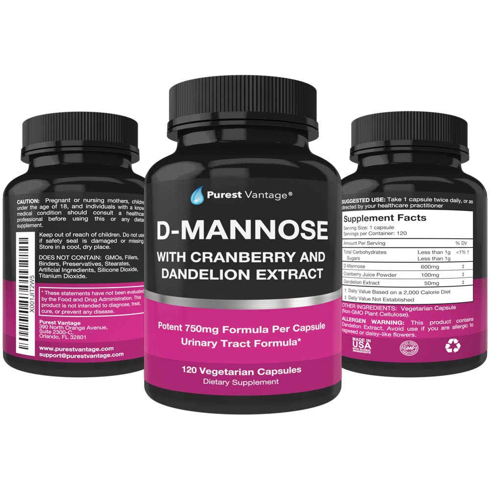 Purest Vantage D Mannose capsule with cranberry and dandelion extract on label.