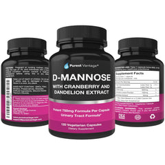 Purest Vantage D Mannose capsule with cranberry and dandelion extract on label.