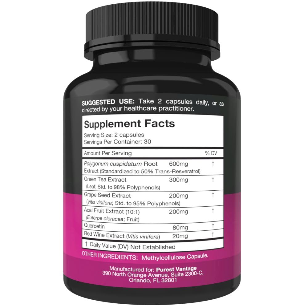 Purest Vantage Resveratrol bottle packaging highlights vegan, GMO-free formula.