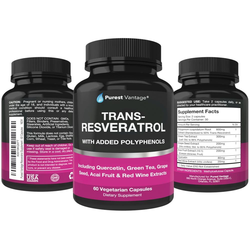 Detail of Purest Vantage Resveratrol label emphasizing trans resveratrol blend.