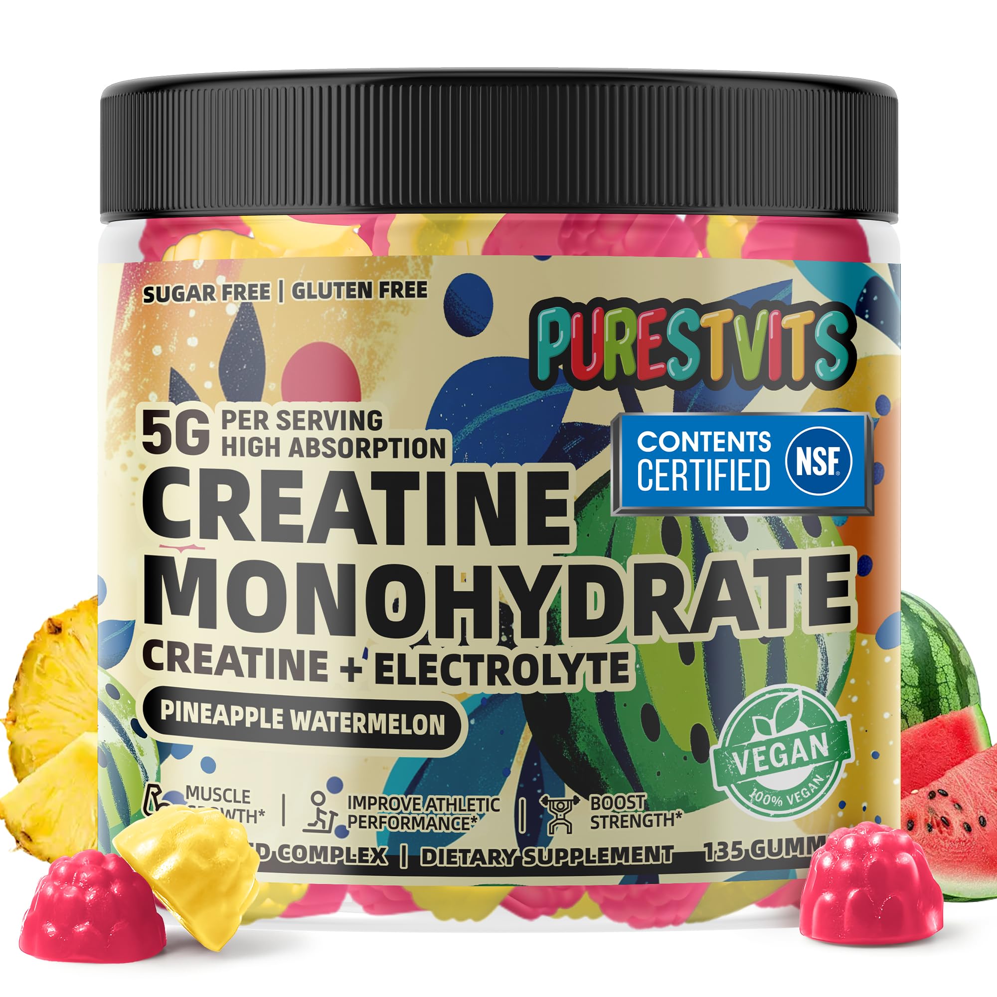 PURESTVITS Creatine Gummies bottle with pineapple-watermelon flavor for convenient workouts