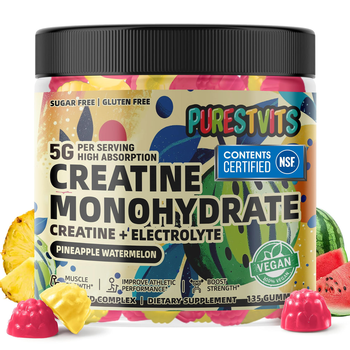 PURESTVITS Creatine Gummies bottle with pineapple-watermelon flavor for convenient workouts