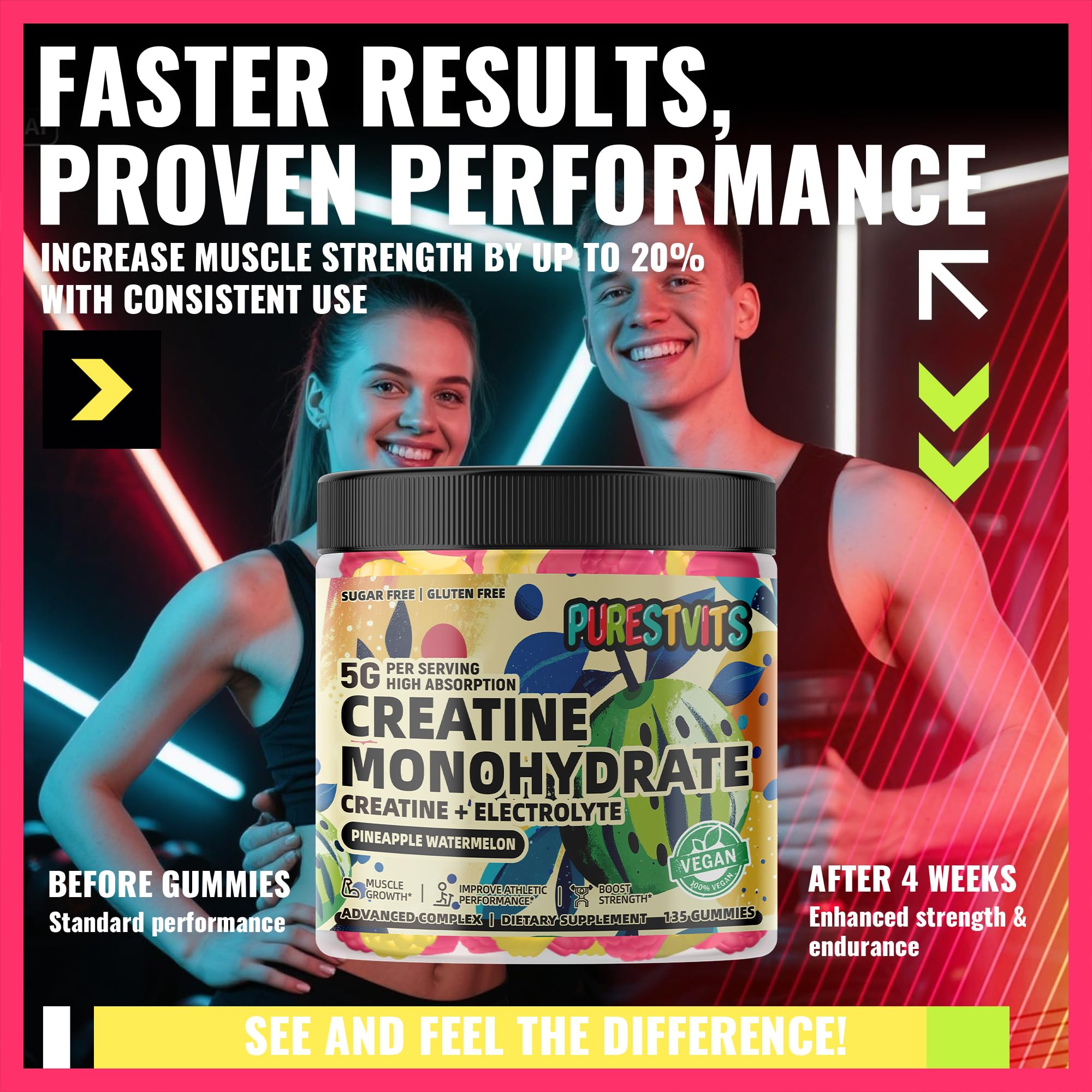 PURESTVITS Creatine Gummies packaging on shelf indicating gluten-free, non-GMO quality