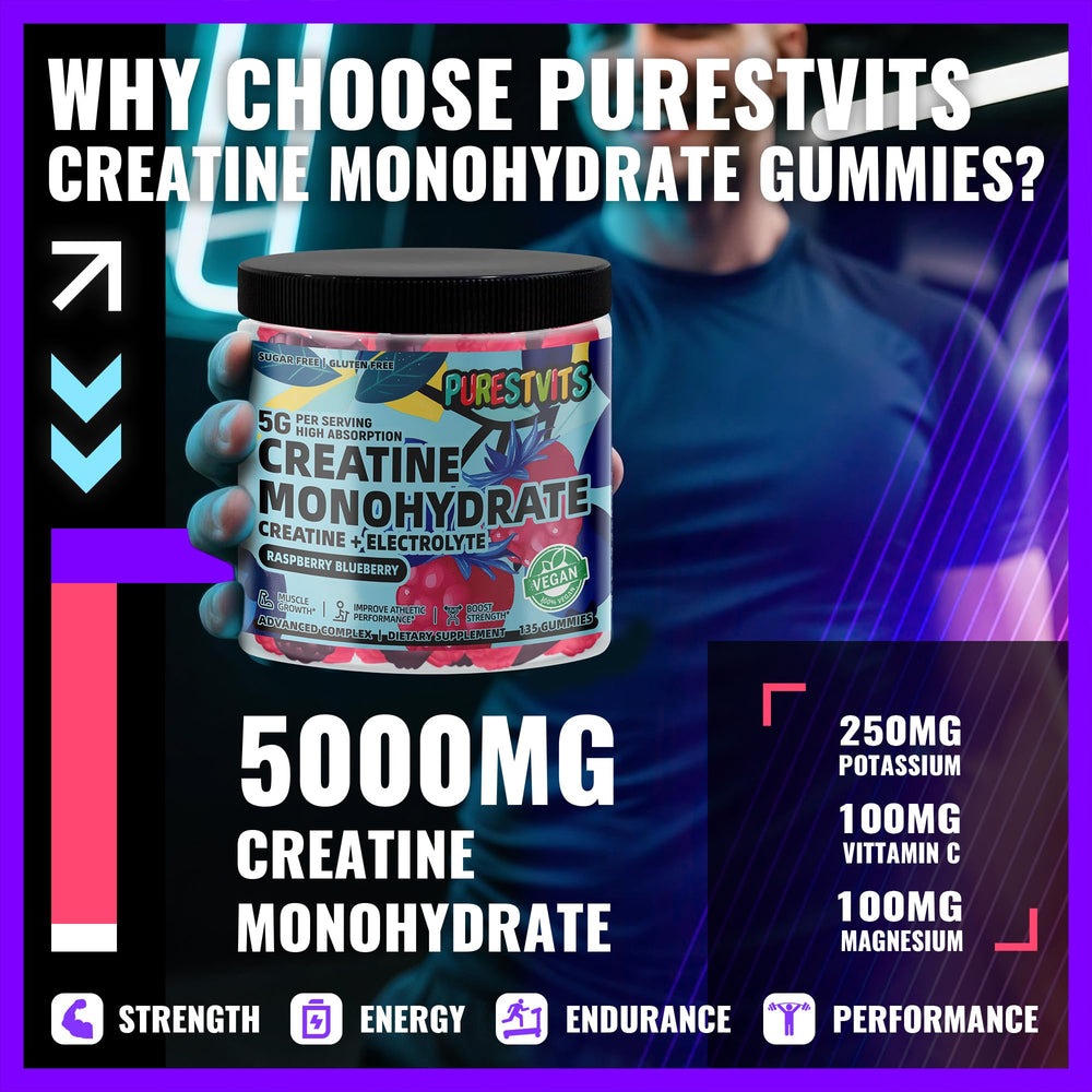 Three gummies serving with PURESTVITS demonstrates convenient 5g creatine per serving.
