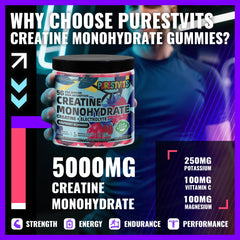 Three gummies serving with PURESTVITS demonstrates convenient 5g creatine per serving.