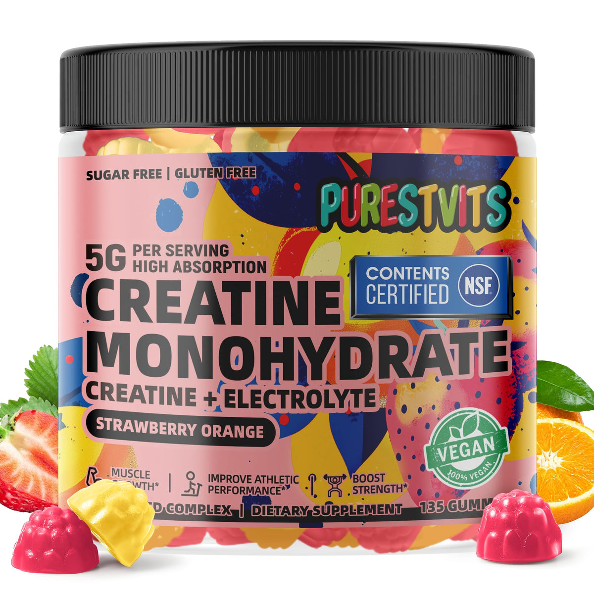 PURESTVITS Creatine Monohydrate Gummies bottle shown for easy energy support during workouts