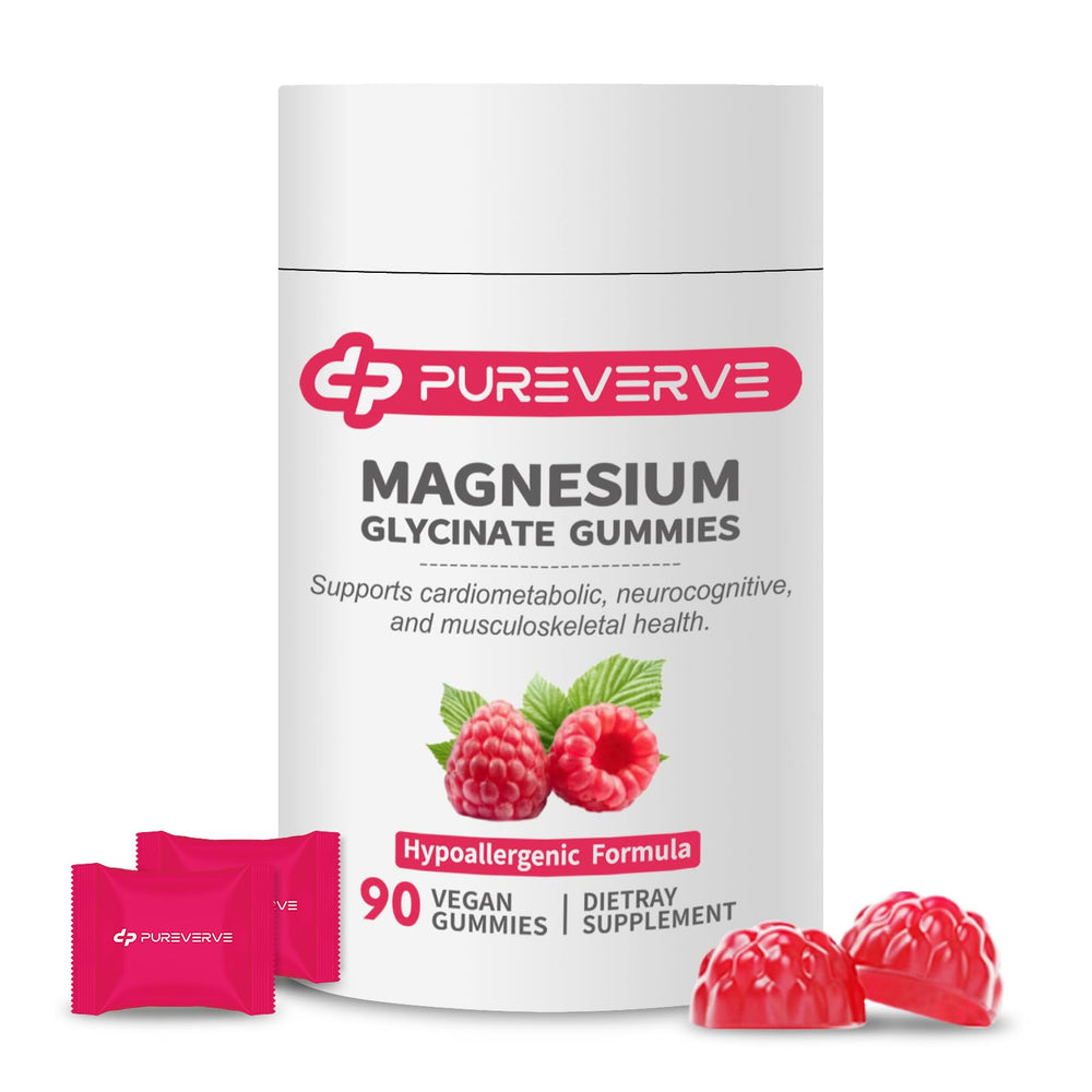 Pureverve magnesium glycinate gummies bottle with 90-count pack for daily mineral support.
