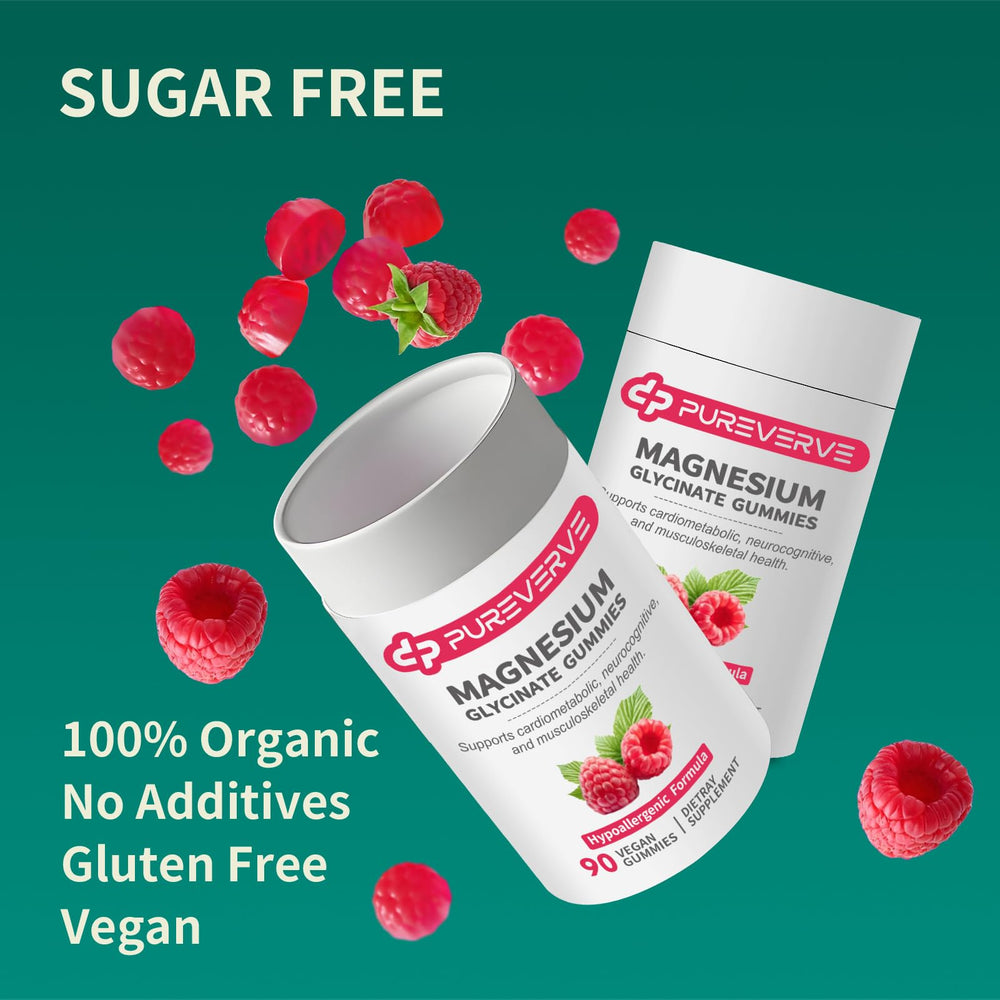 Pureverve magnesium glycinate gummies raspberry flavor packaging demonstrates gluten-free and non-GMO formula.