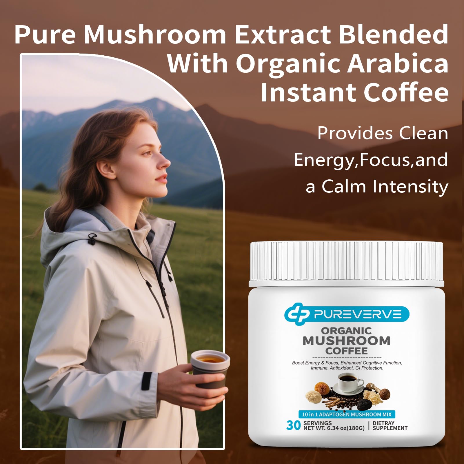 Pureverve Mushroom Coffee brew in a mug with steam and rich crema.