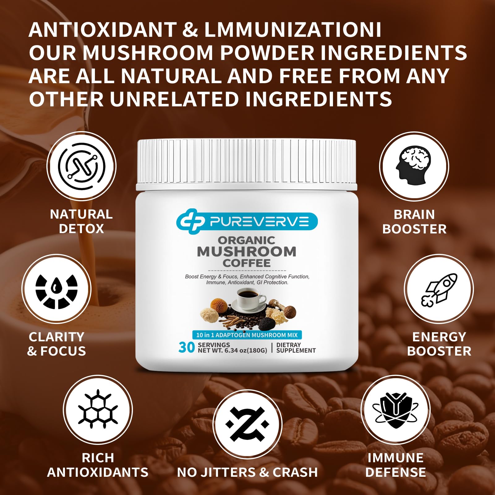 Pureverve Mushroom Coffee latte highlighting earthy, low-acid profile.