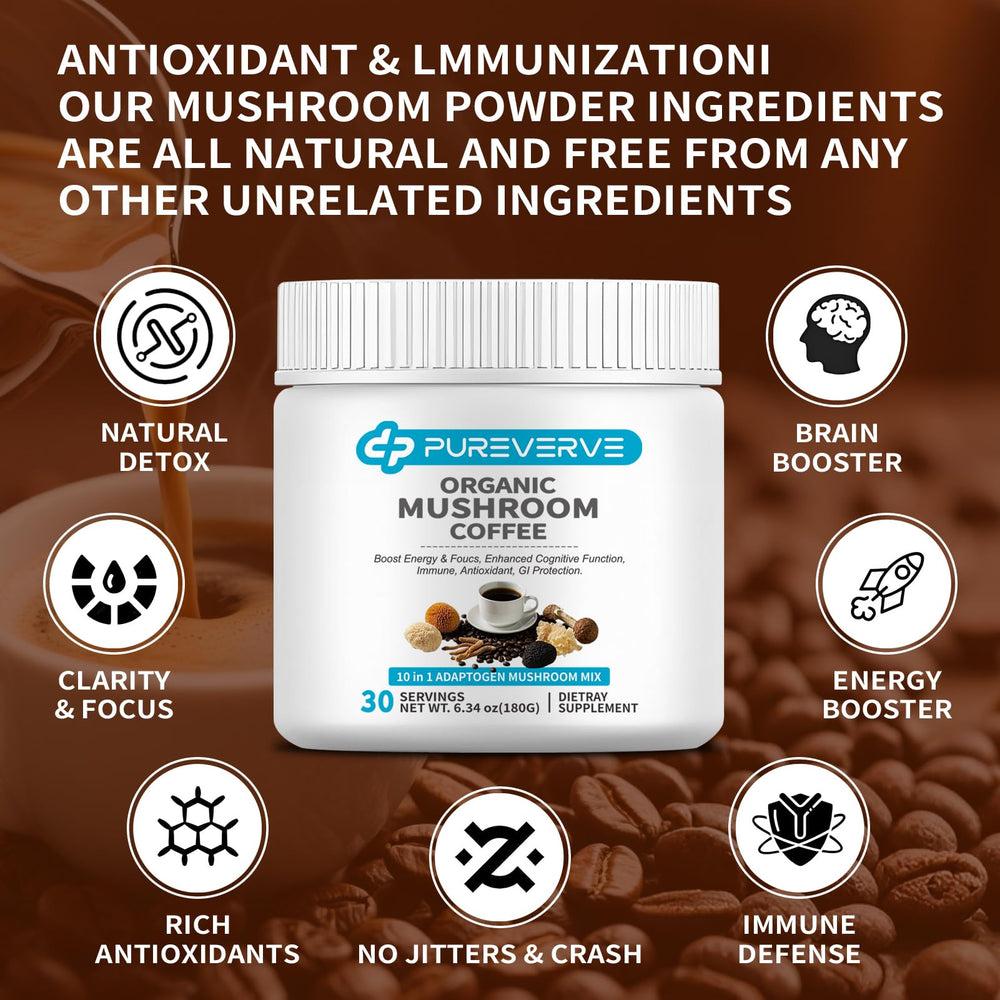 Pureverve Mushroom Coffee latte highlighting earthy, low-acid profile.