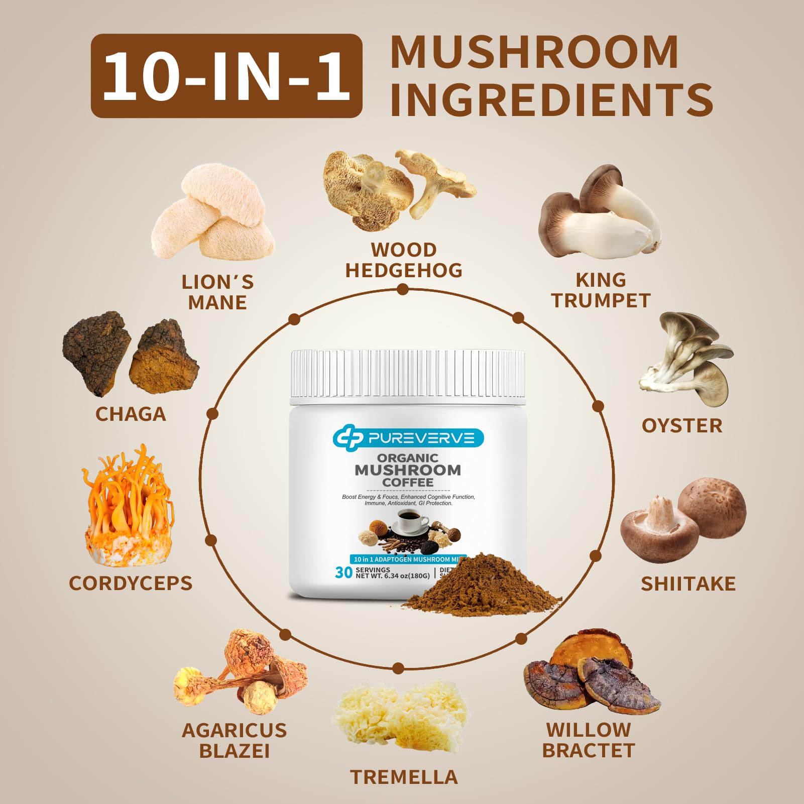 Pureverve Mushroom Coffee scoop showing the 10-mushroom blend for daily adaptogen boost.