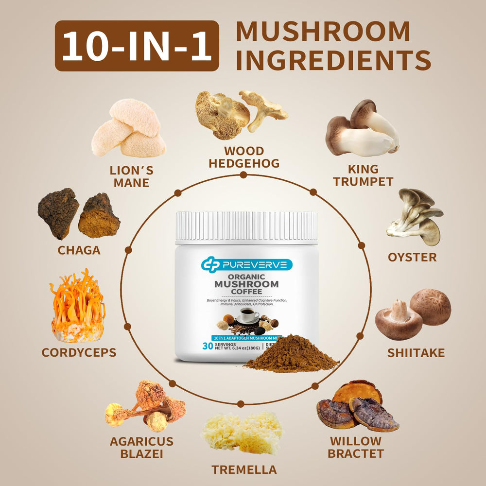 Pureverve Mushroom Coffee scoop showing the 10-mushroom blend for daily adaptogen boost.