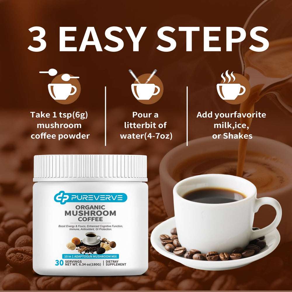 Pureverve Mushroom Coffee steaming cup ideal for morning routine.