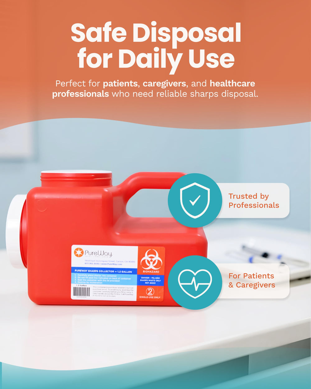 PureWay durable, leak- and puncture-resistant sharps box.