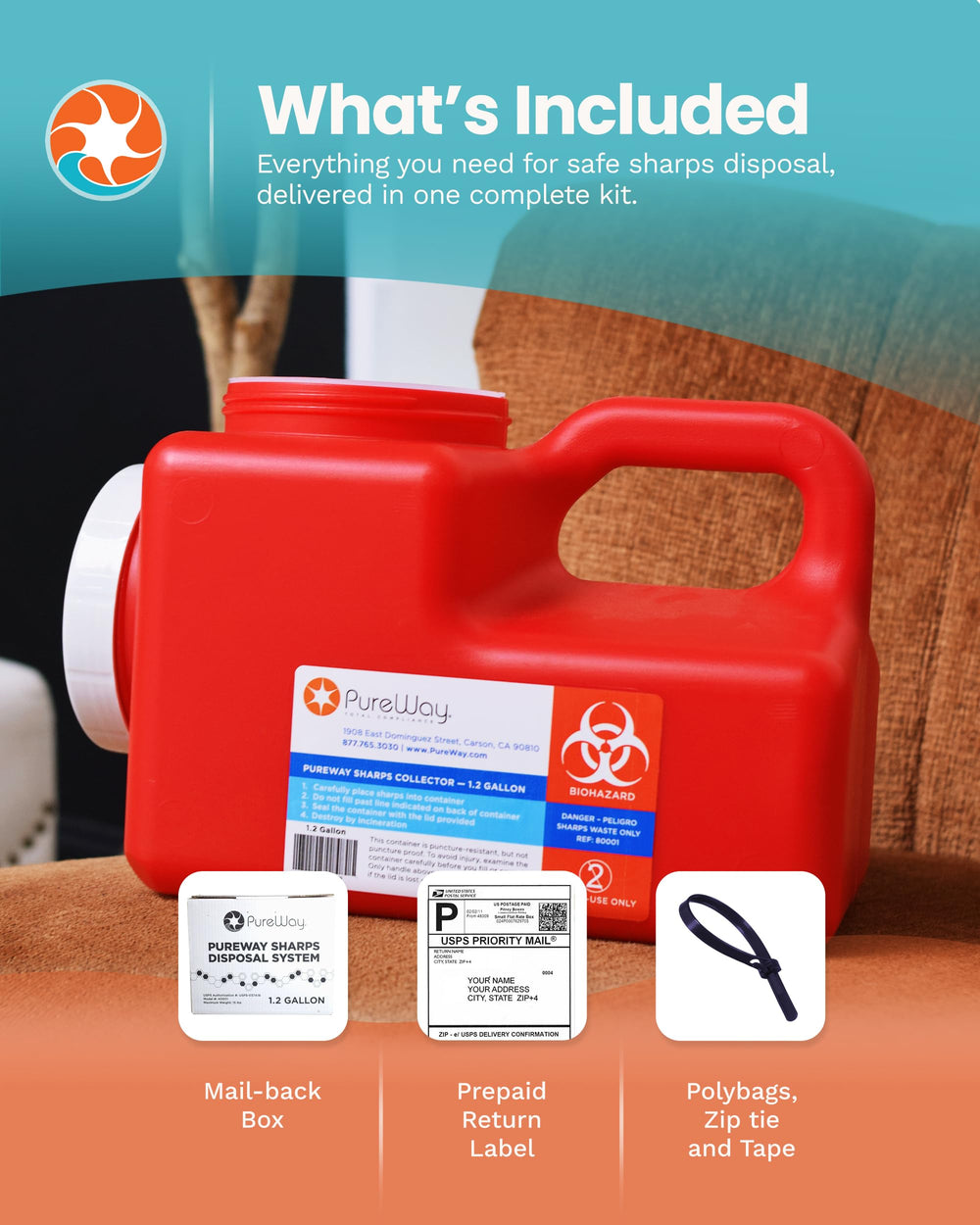 PureWay prepaid return label for convenient disposal workflow.