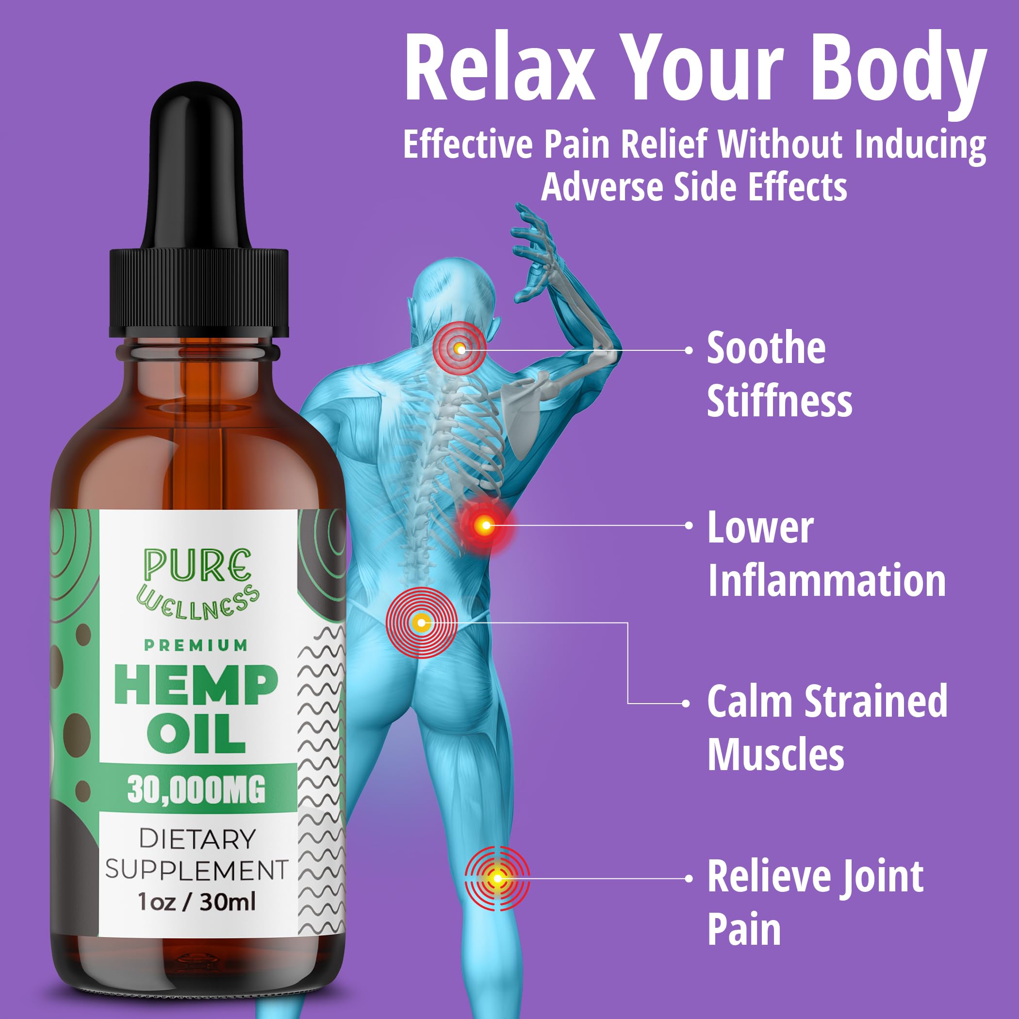 Pure Wellness Hemp Seed Oil amber bottle close-up shows omega-rich quality.