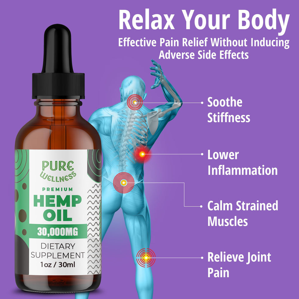 Pure Wellness Hemp Seed Oil amber bottle close-up shows omega-rich quality.