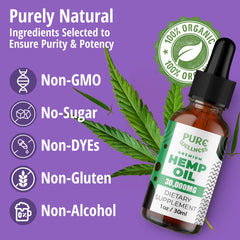 Pure Wellness Hemp Seed Oil label details emphasize organic, non-GMO sourcing.