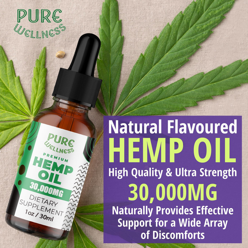 Pure Wellness Hemp Seed Oil serving shot suggests a 60-day supply.