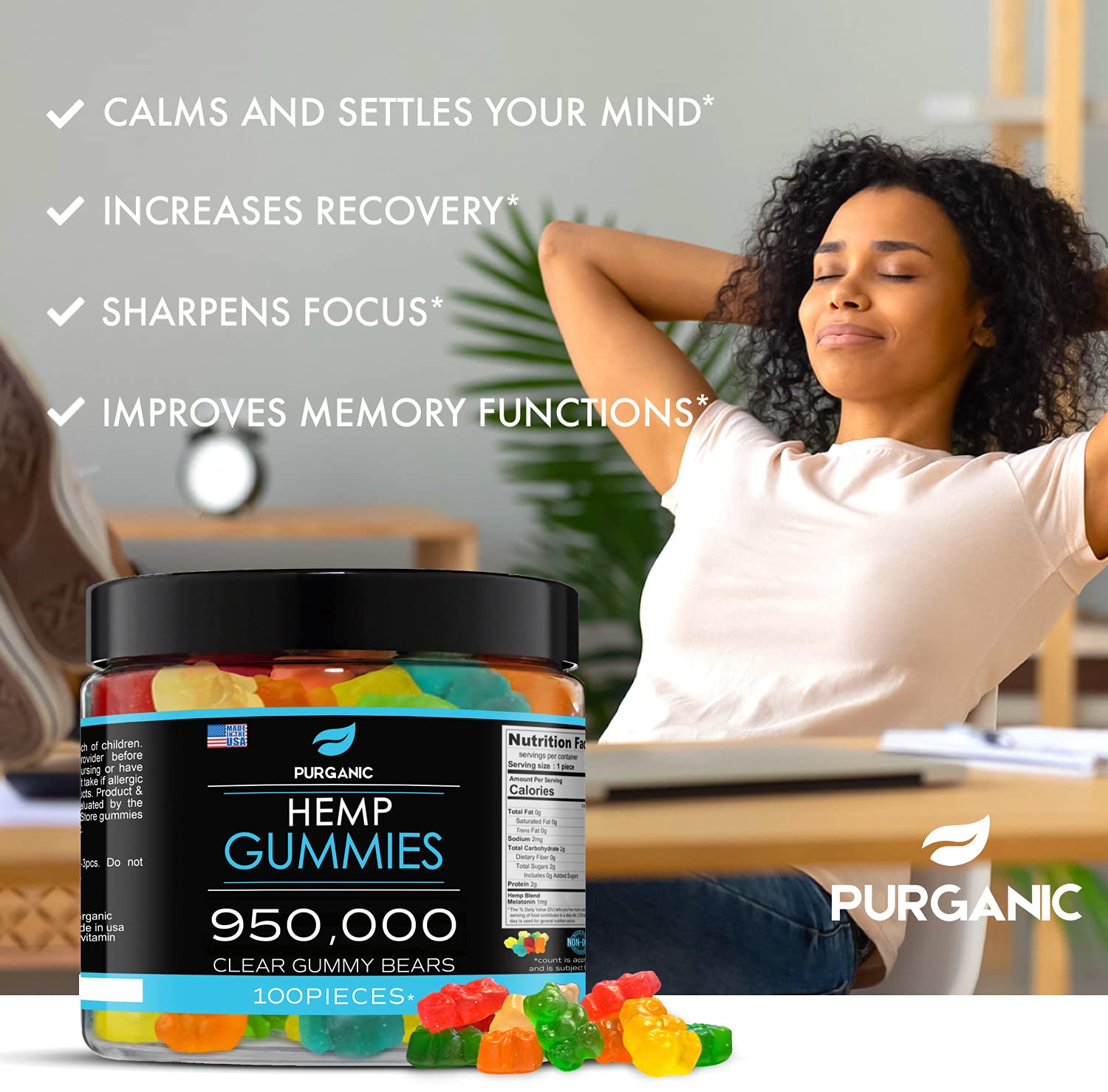 Purganic hemp gummies on a dark table conveys calm after a busy day