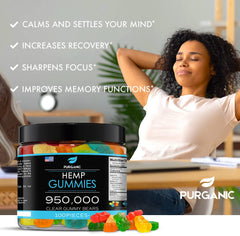 Purganic hemp gummies on a dark table conveys calm after a busy day