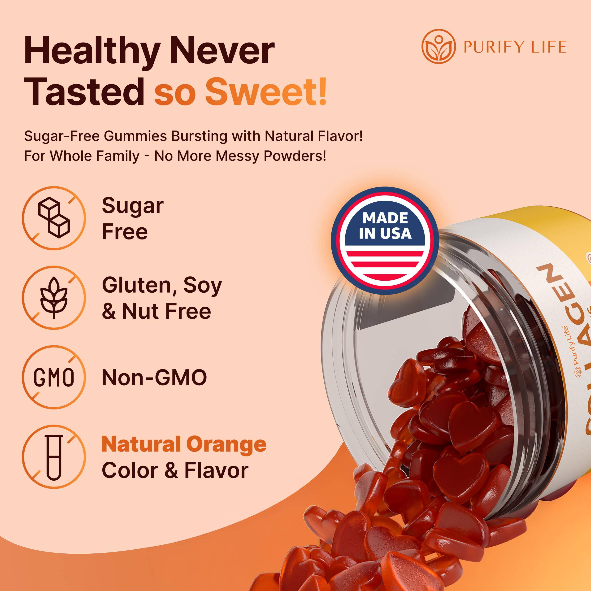 Purify Life collagen gummies label close-up emphasizing gluten-free formula