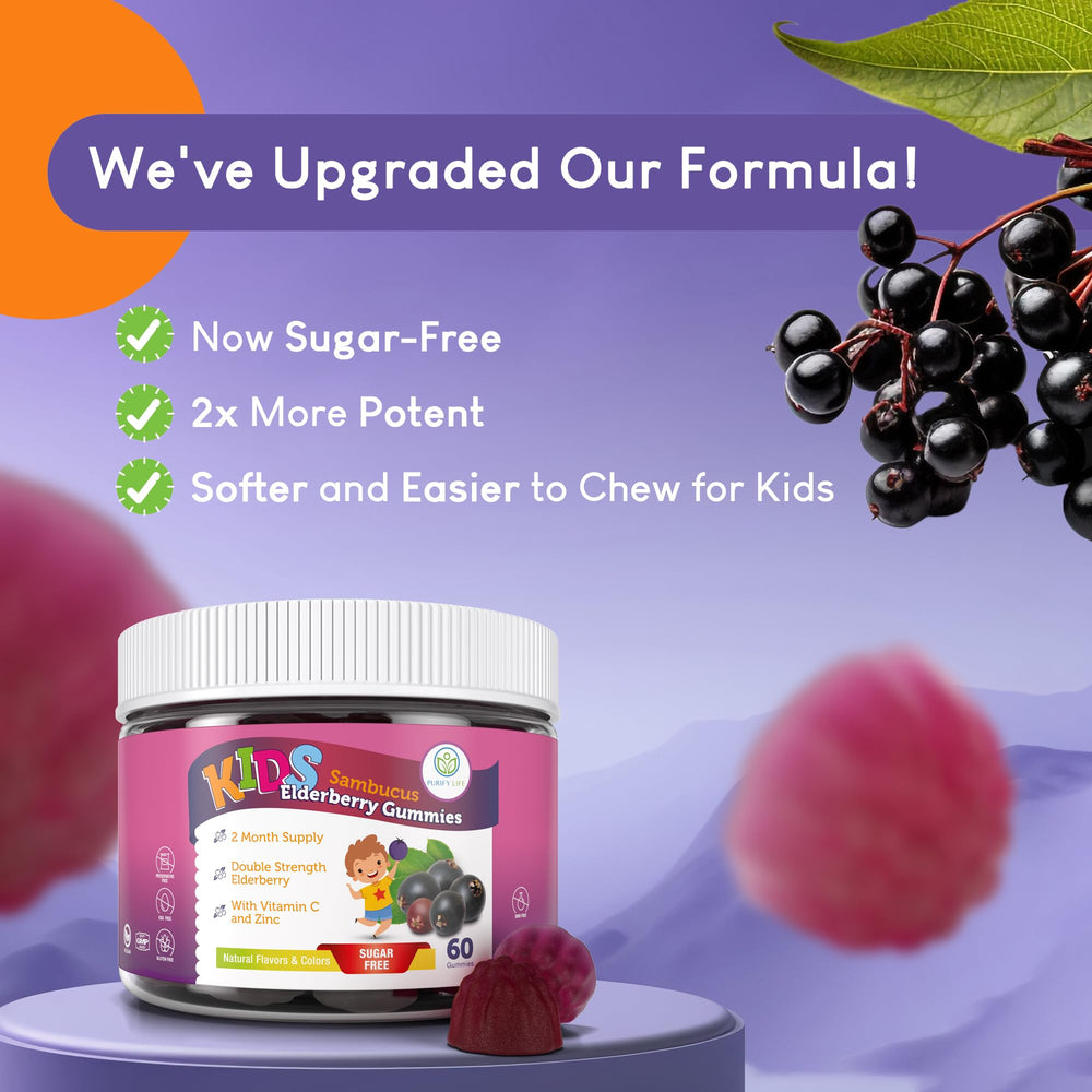 Purify Life Elderberry Gummies ingredients panel highlighting vitamin C and zinc.