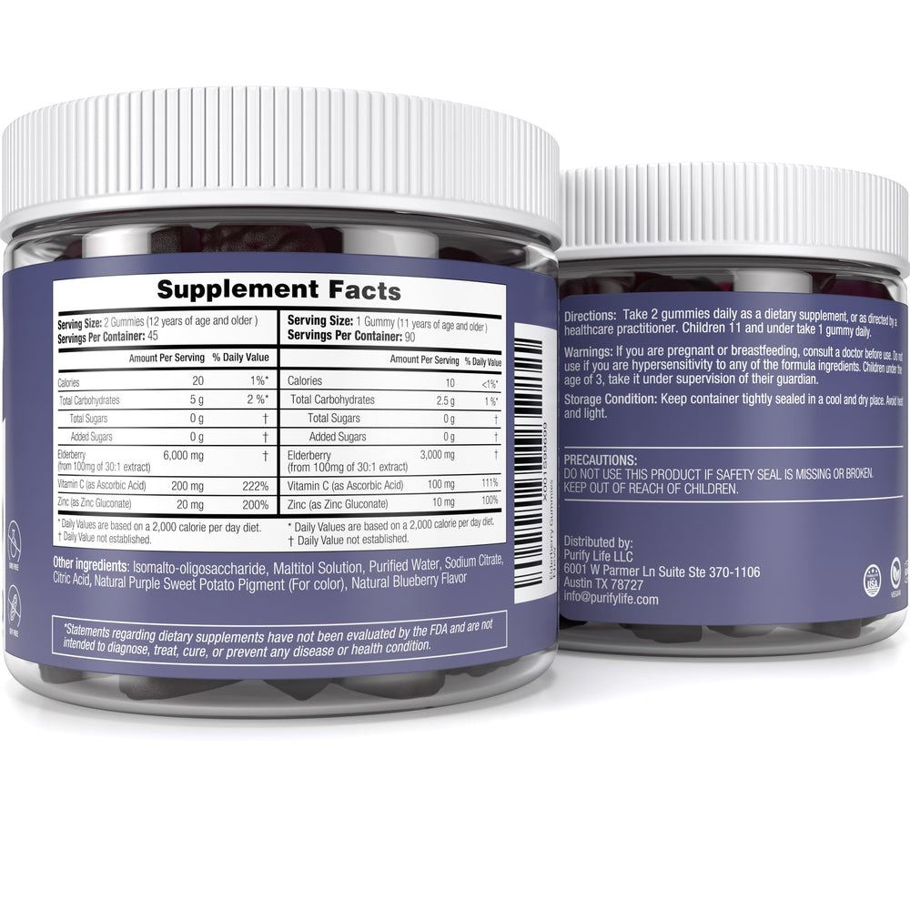 Purify Life elderberry gummies made in USA logo on packaging
