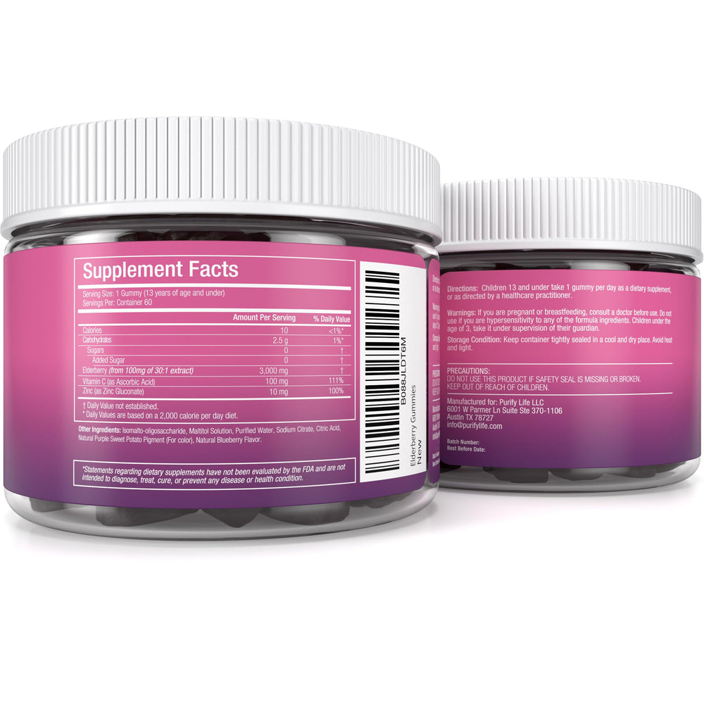 Purify Life elderberry gummies arranged for school-day immune support.