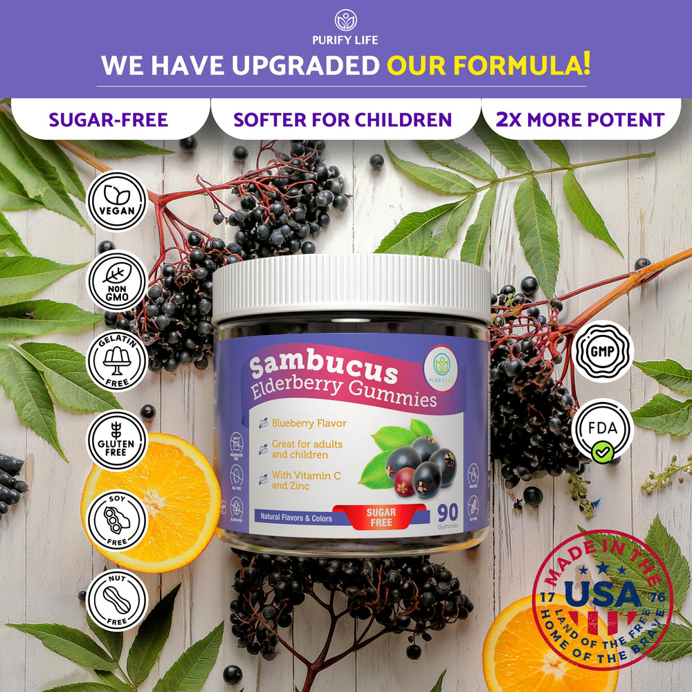 Purify Life vegan elderberry gummies ingredient label shows allergen-free formula