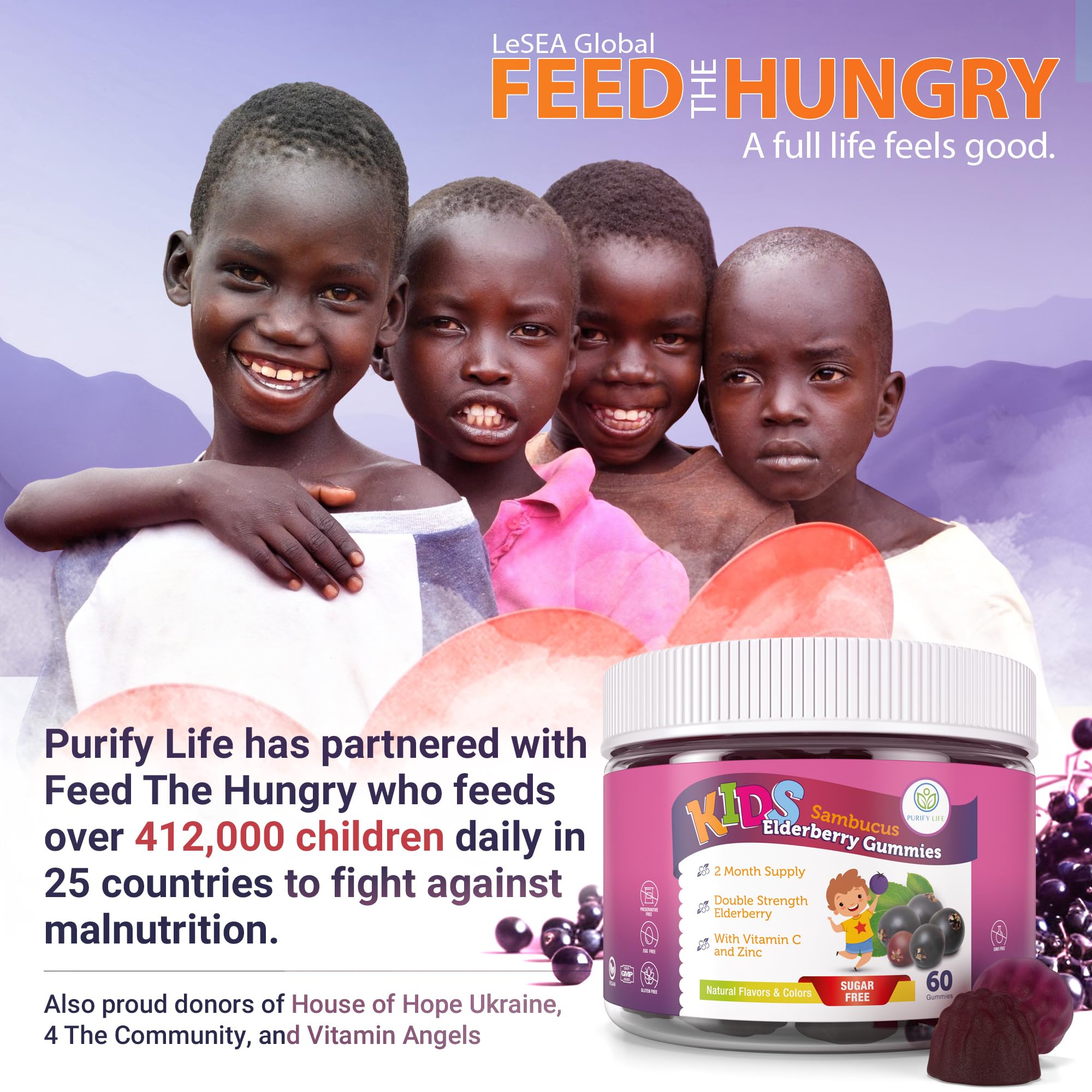 Purify Life Kids Elderberry Gummies closeup showing chewy texture and kid-friendly flavor.