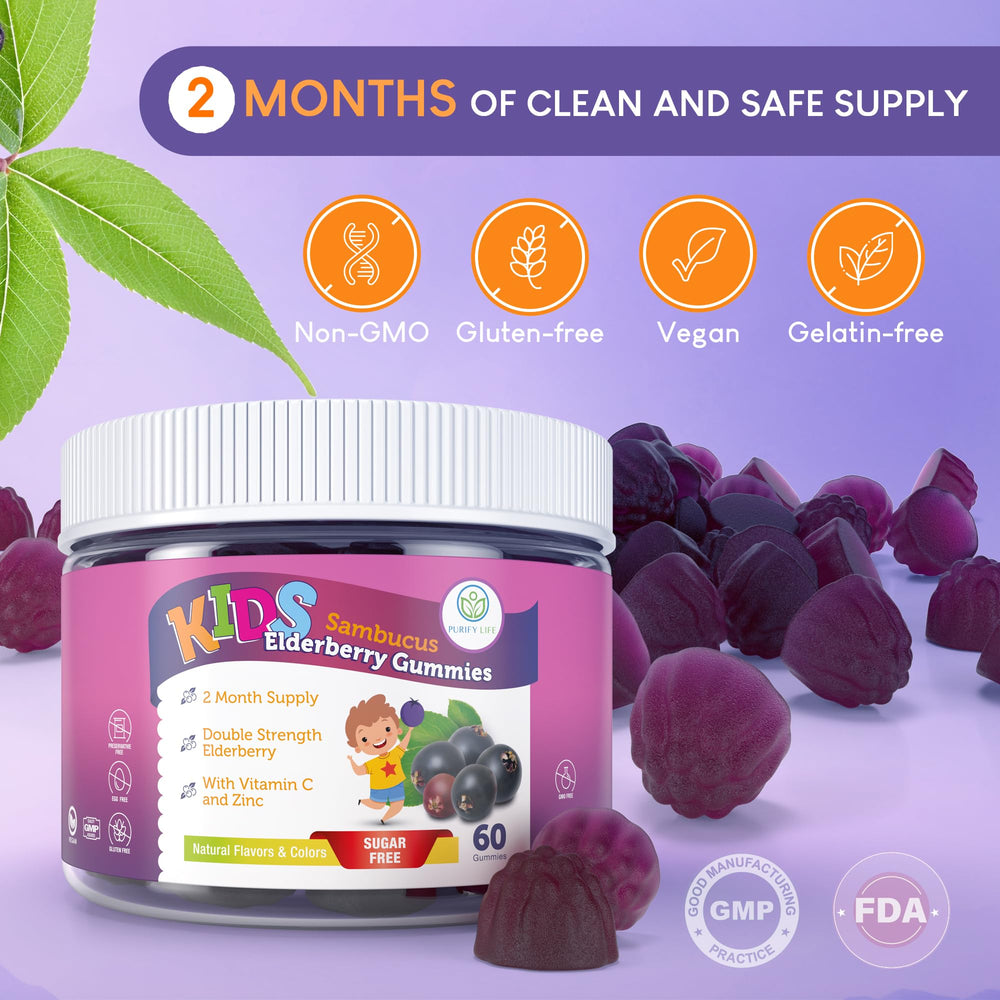 Purify Life kids elderberry gummies packaging showcases easy daily dosage.