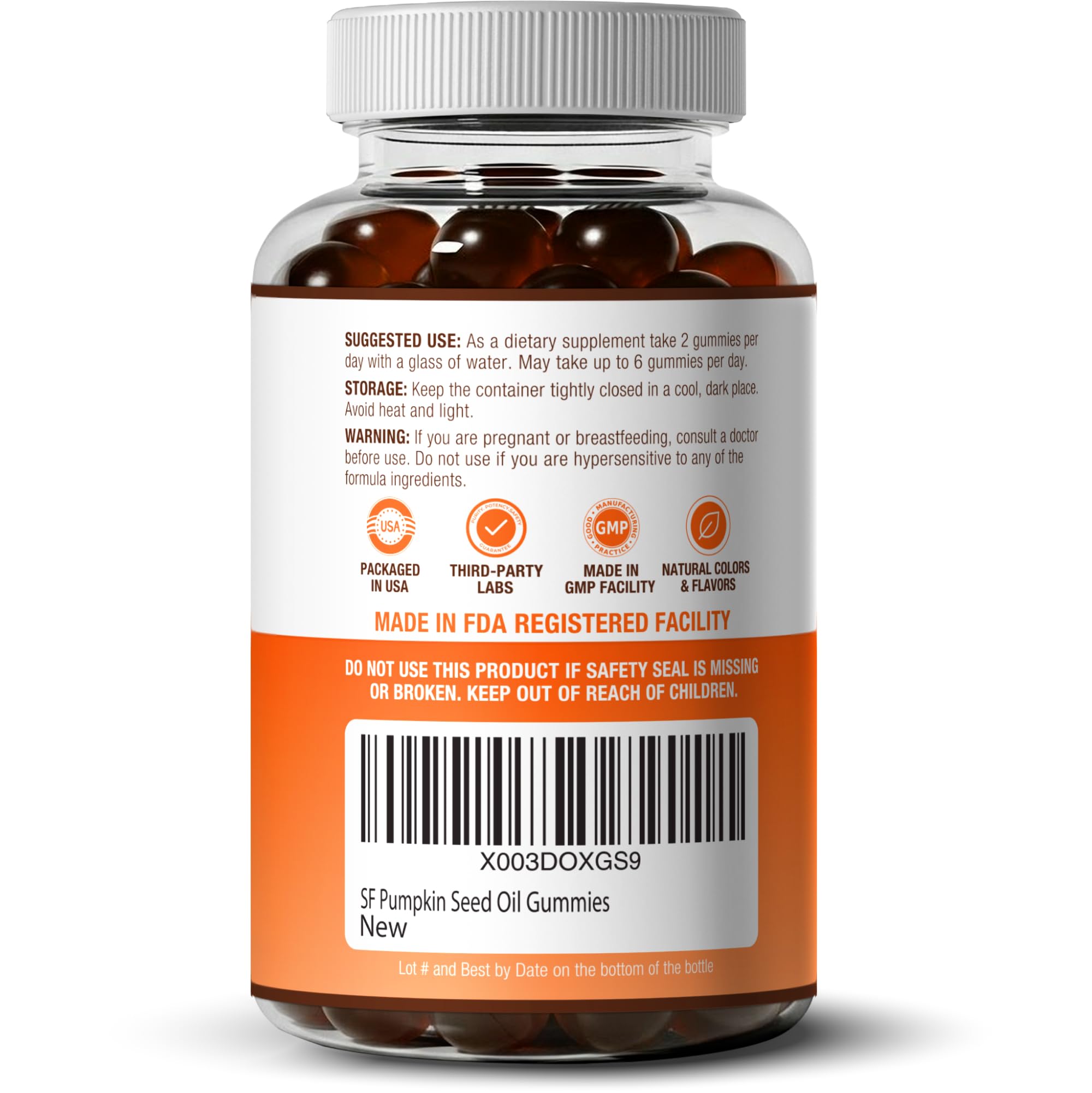 Purify Life pumpkin seed oil gummies packaging design with clear nutrition details.