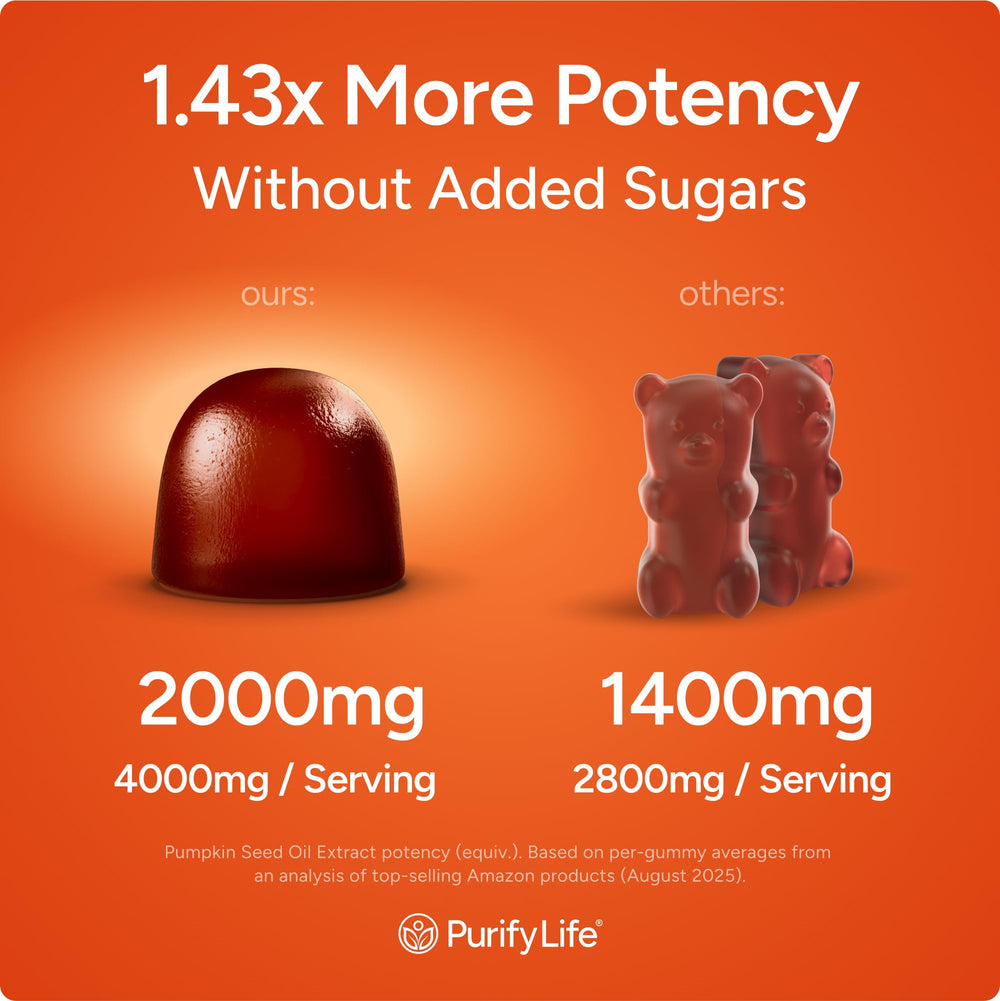 Purify Life pumpkin seed oil gummies label close-up highlighting vegan and non-GMO quality.