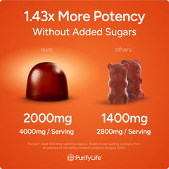 Purify Life pumpkin seed oil gummies label close-up highlighting vegan and non-GMO quality.