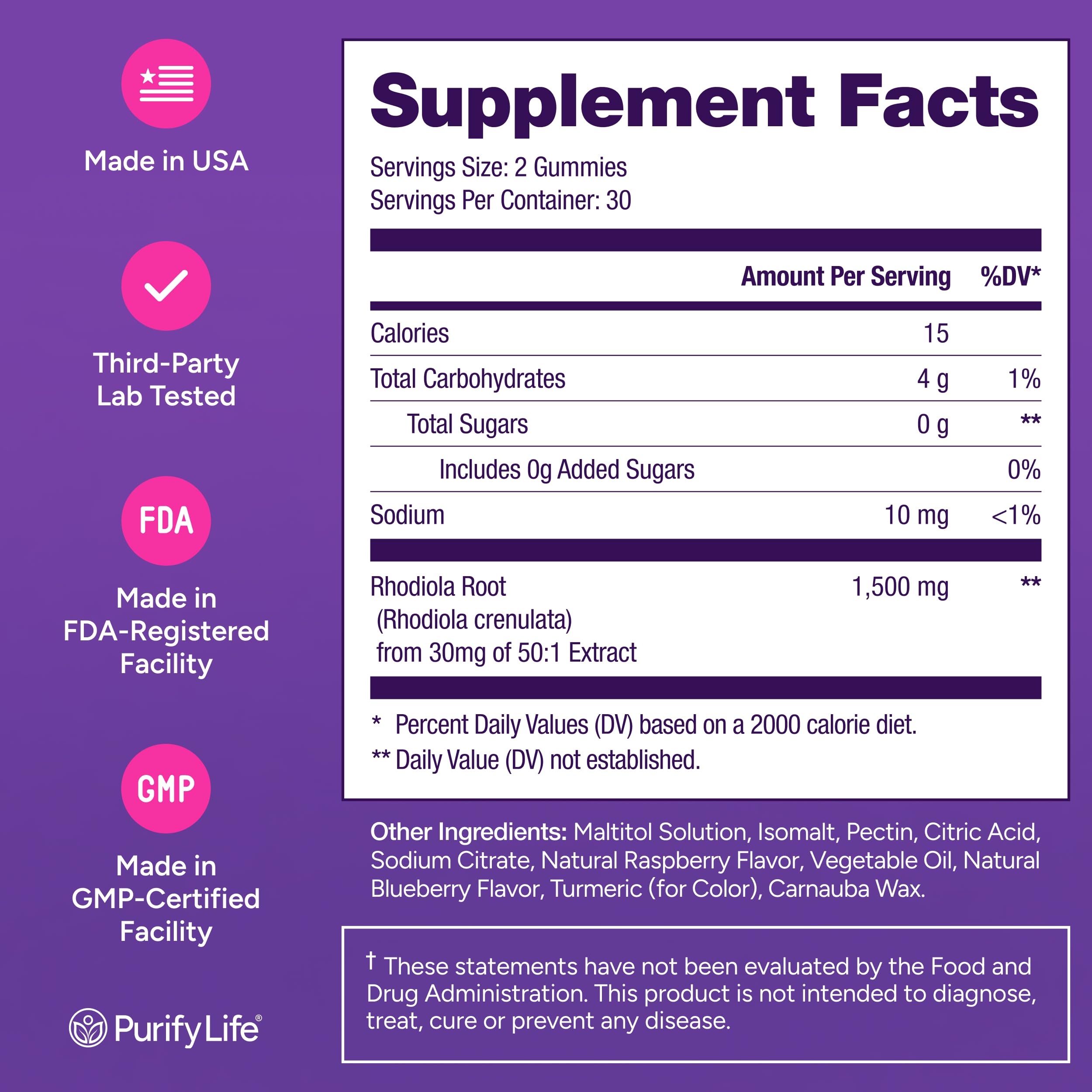 Purify Life Rhodiola gummies closeup reveals texture and natural ingredients.
