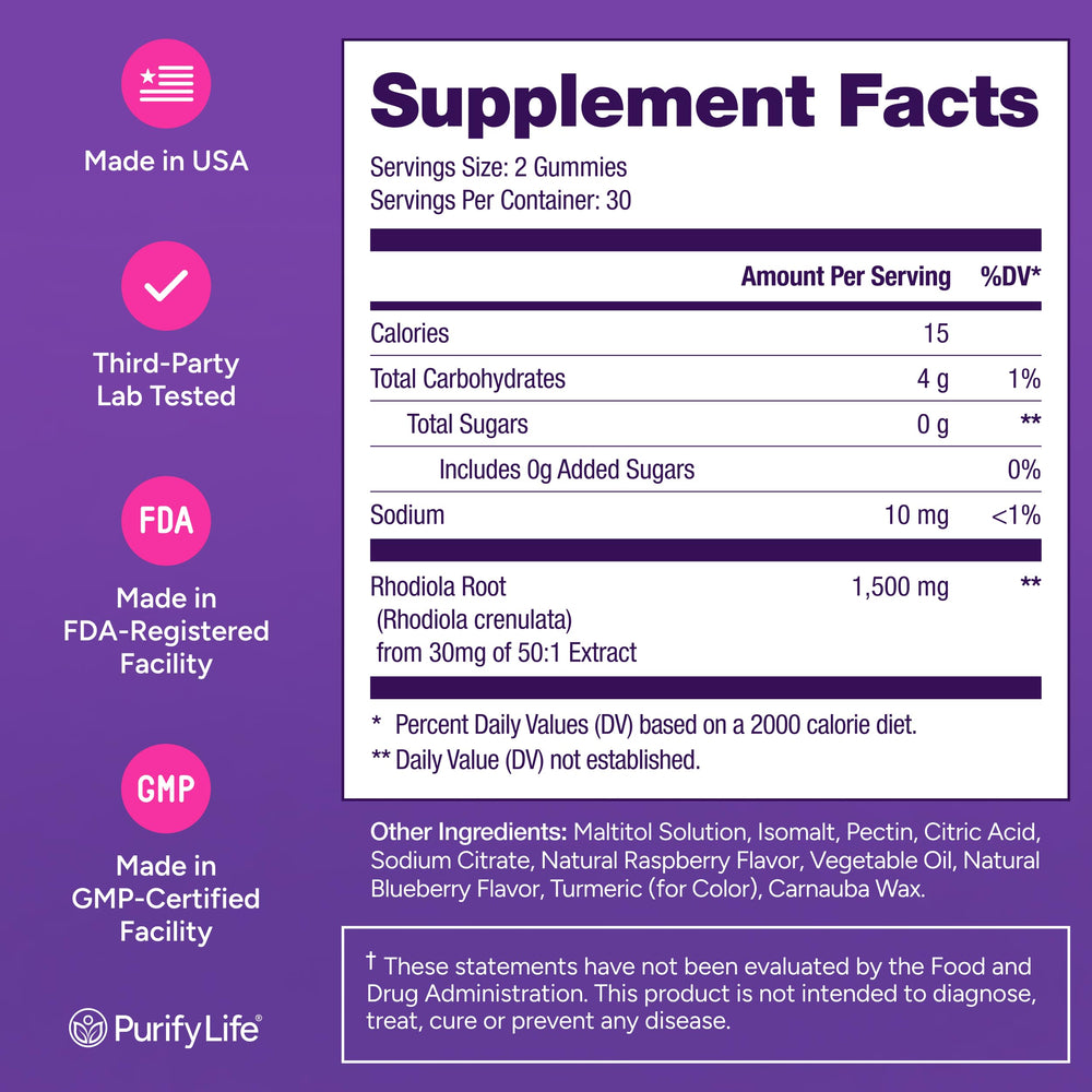 Purify Life Rhodiola gummies closeup reveals texture and natural ingredients.