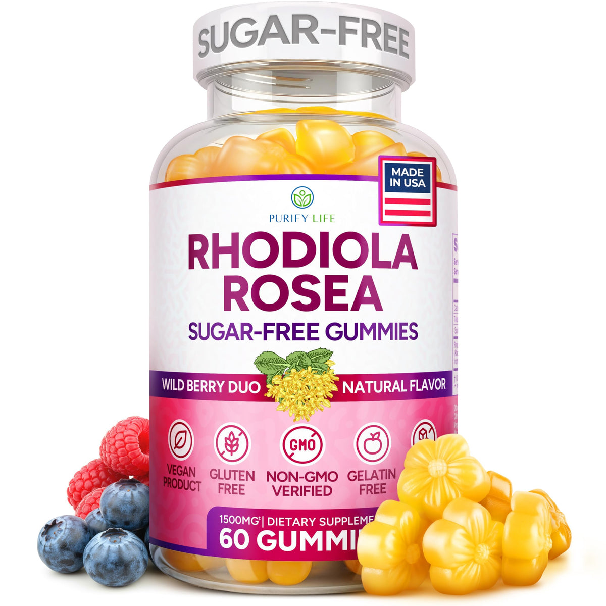 Purify Life Rhodiola Gummies bottle shows sugar-free daily energy and mood support.