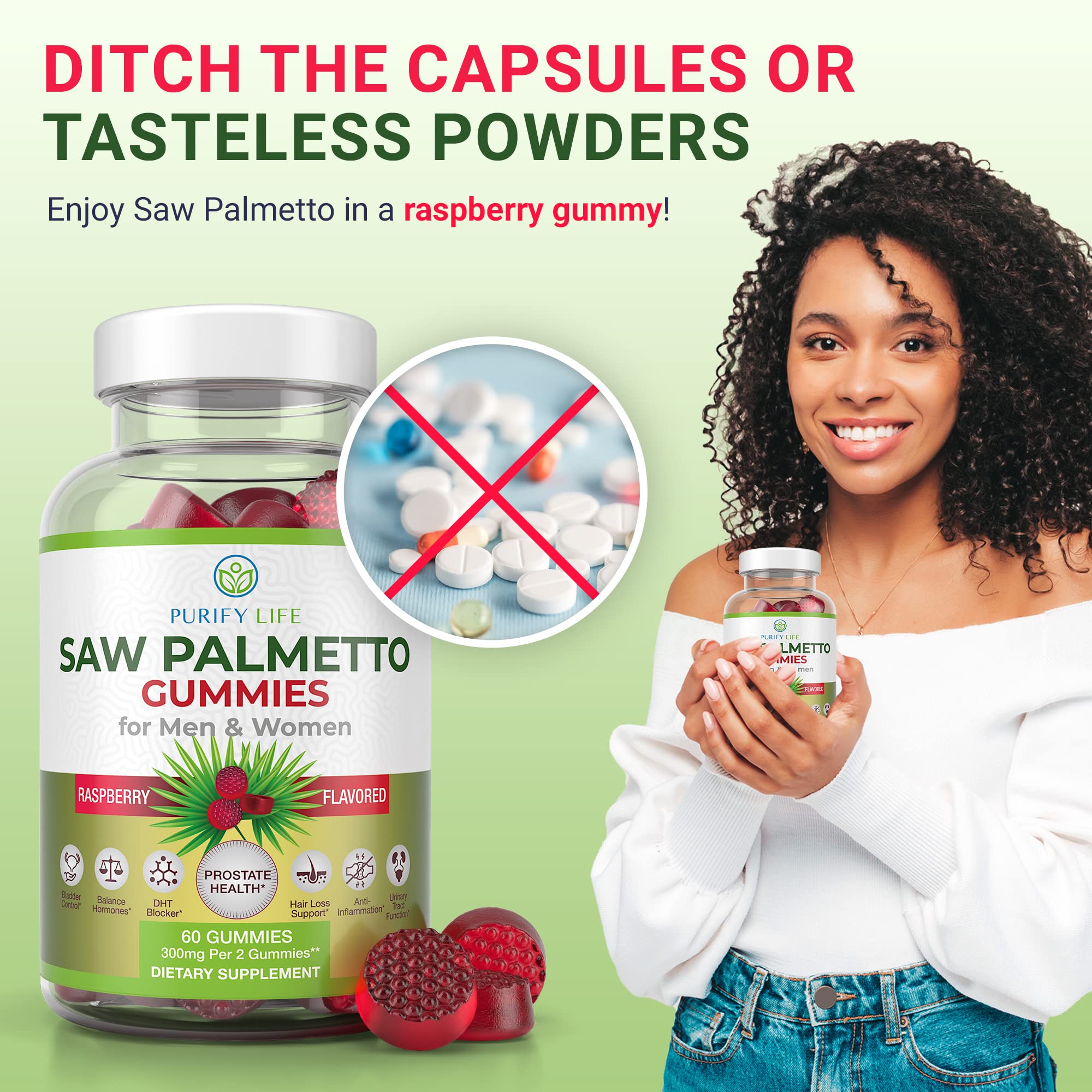 Purify Life Saw Palmetto Gummies on glass surface for a simple daily routine.