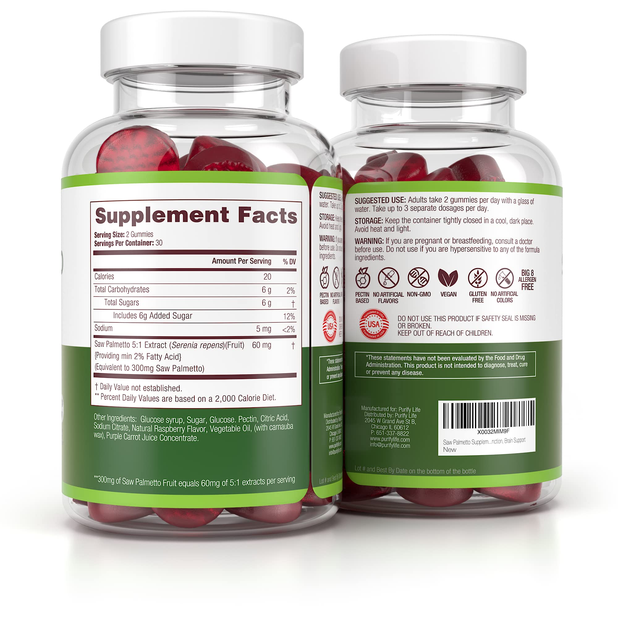 Purify Life Saw Palmetto Gummies ingredients label features 300 mg extract.