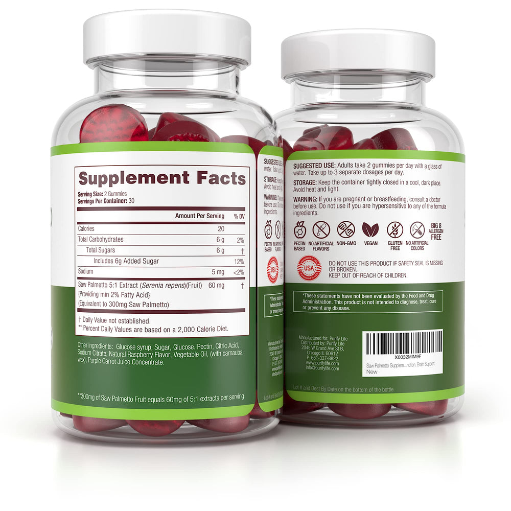 Purify Life Saw Palmetto Gummies ingredients label features 300 mg extract.