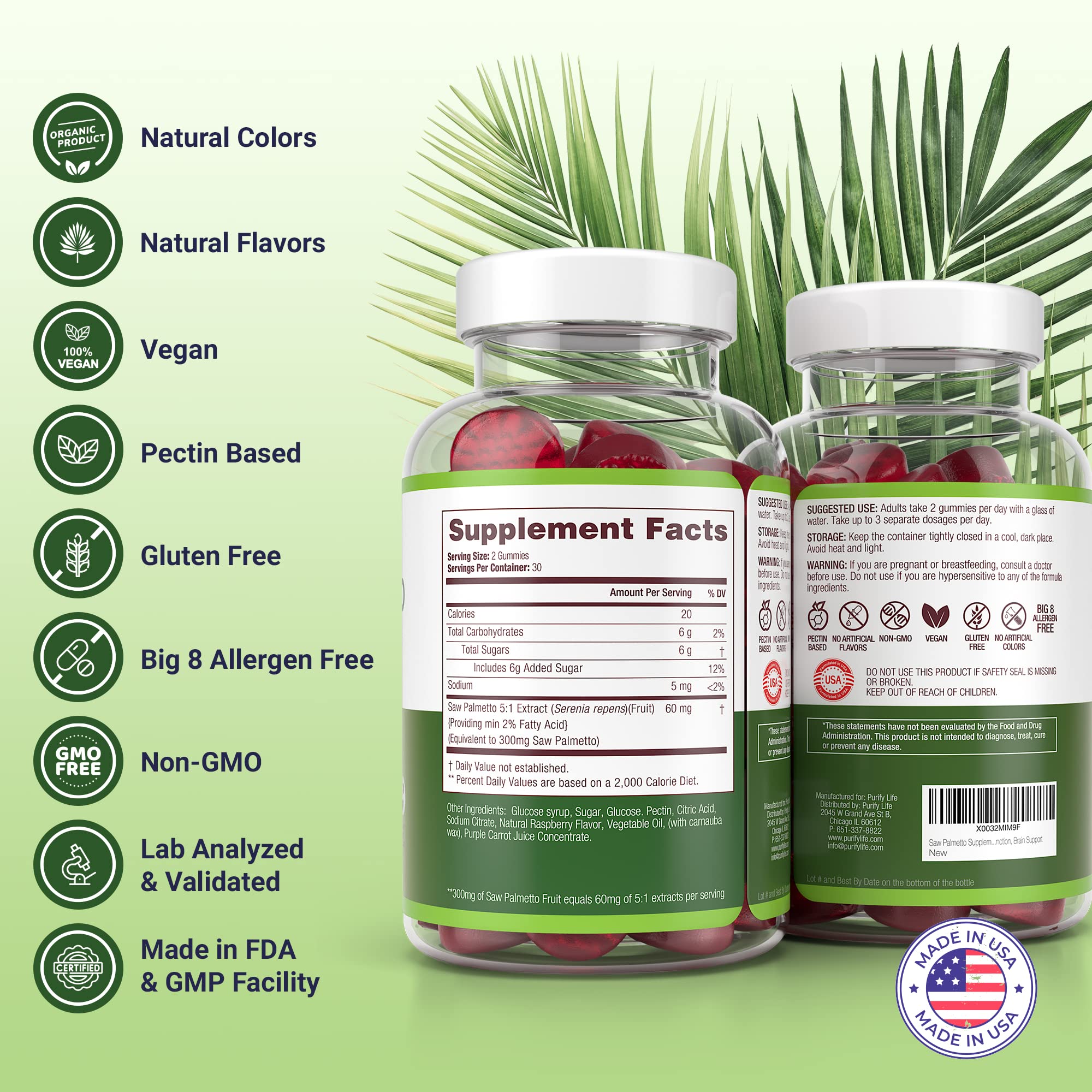 Purify Life Saw Palmetto Gummies packaging highlights vegan gluten-free formula.