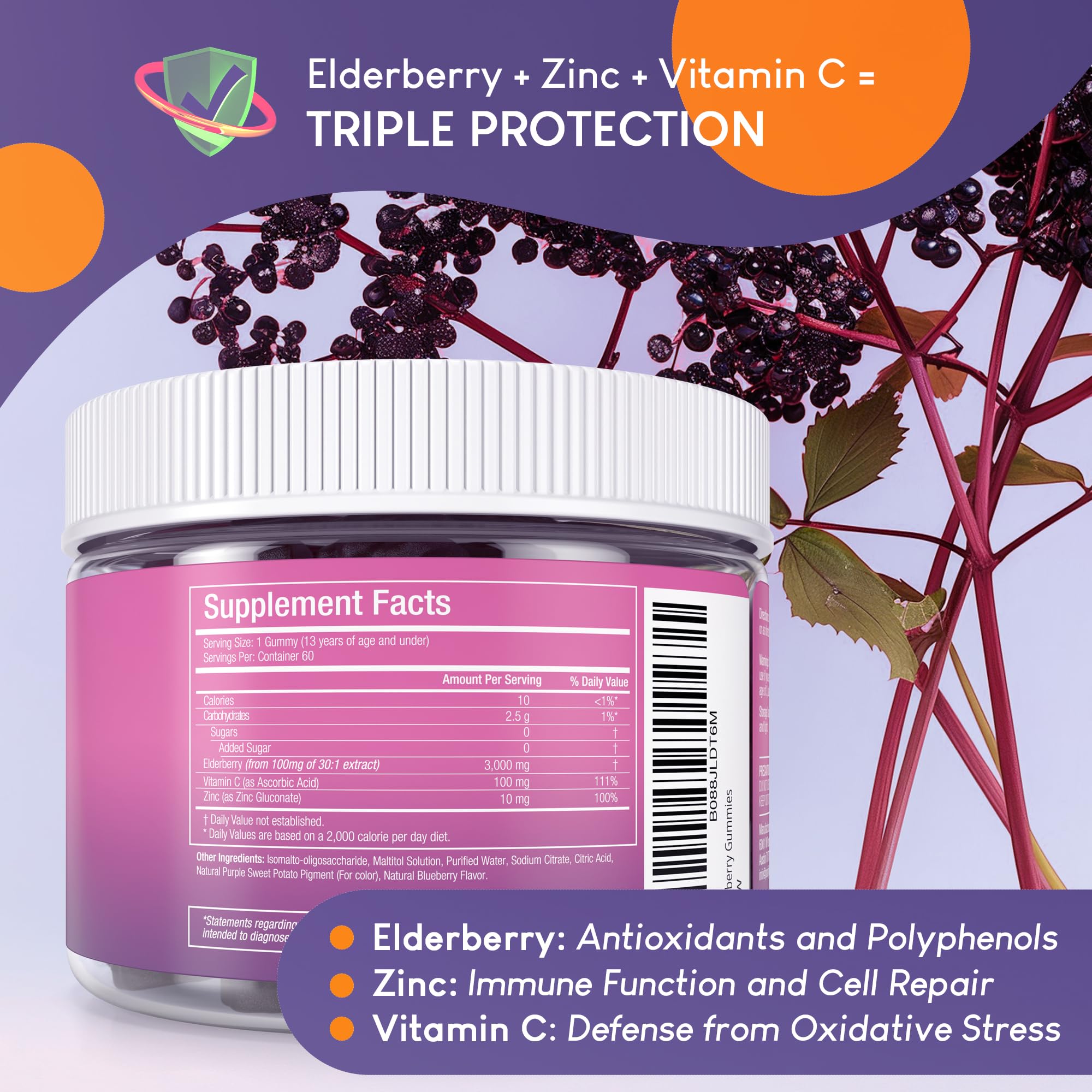 Purify Life sugar-free elderberry gummies with real fruit colors.
