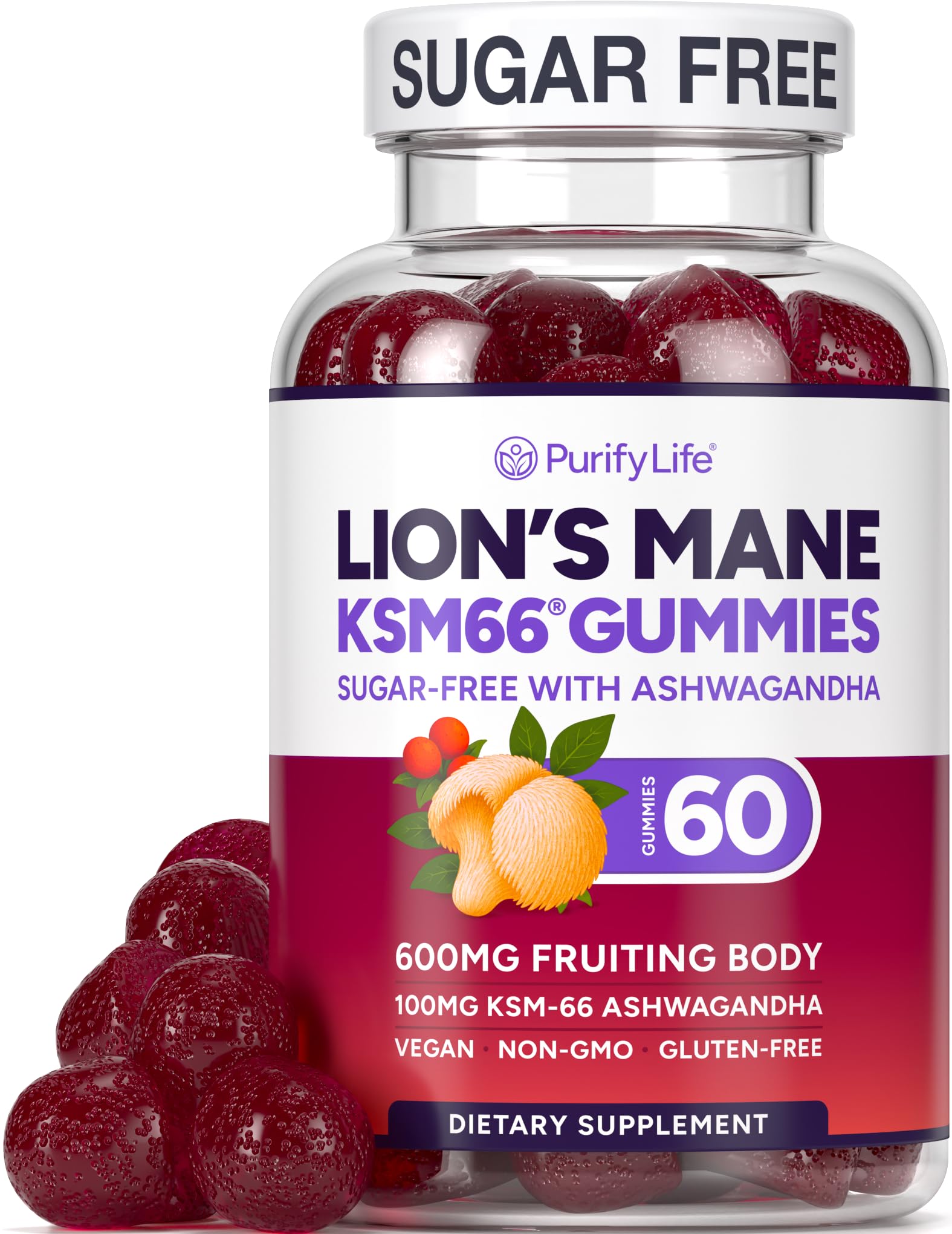 Purify Life Lions Mane gummies bottle promoting mental clarity.