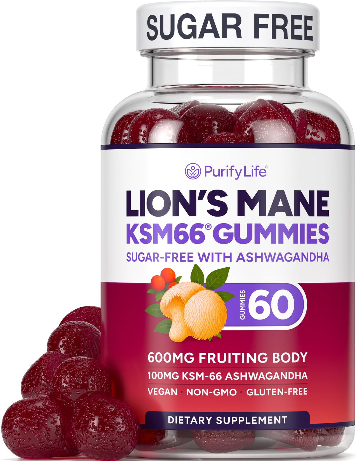 Purify Life Lions Mane gummies bottle promoting mental clarity.