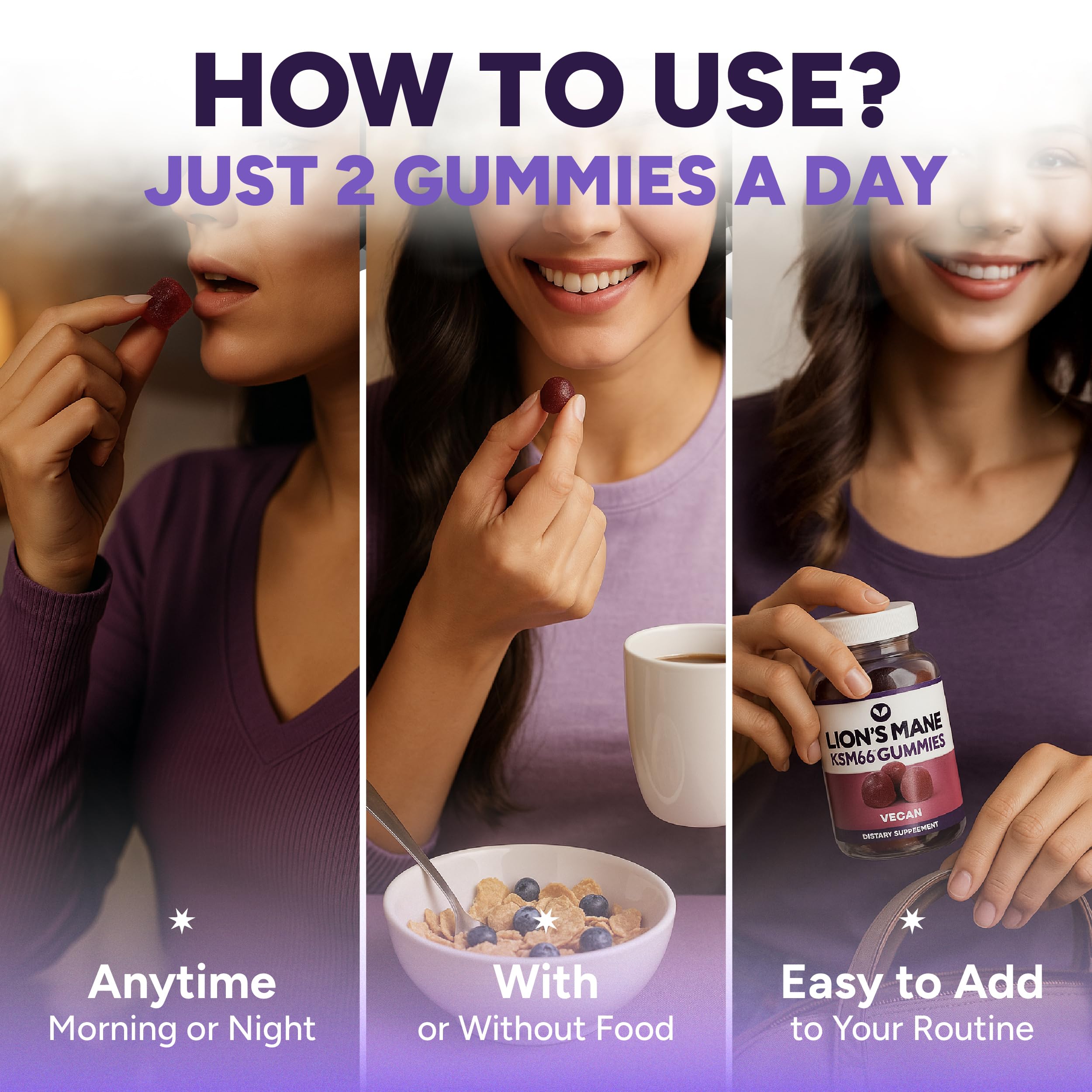 Purify Life Lions Mane gummies dispensing pour for daily energy.