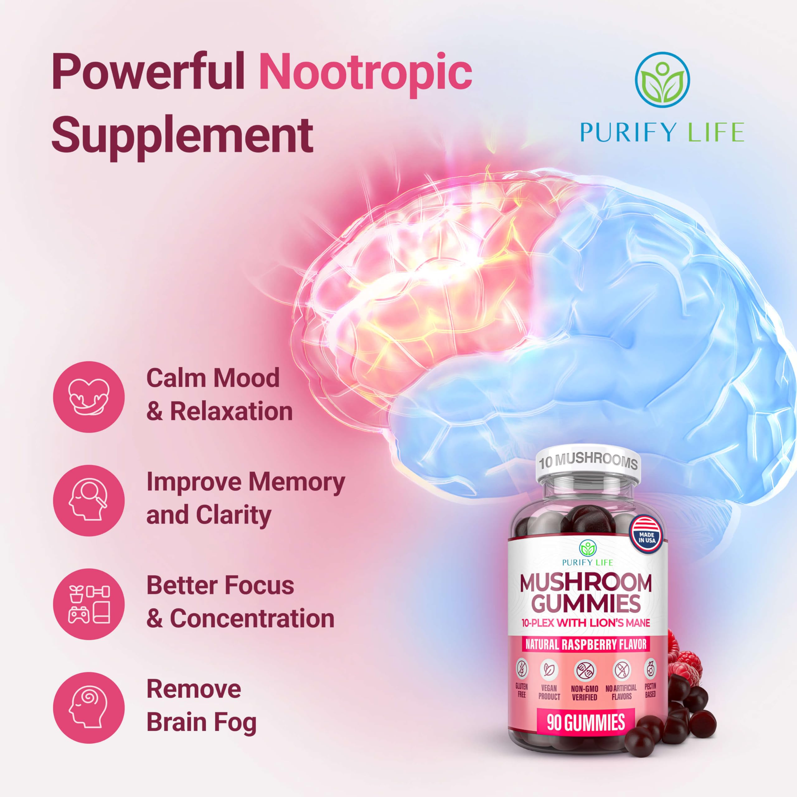 Purify Life raspberry-flavored mushroom gummies promoting immune and mood support