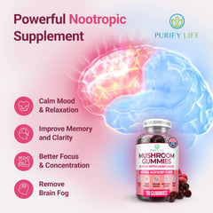 Purify Life raspberry-flavored mushroom gummies promoting immune and mood support